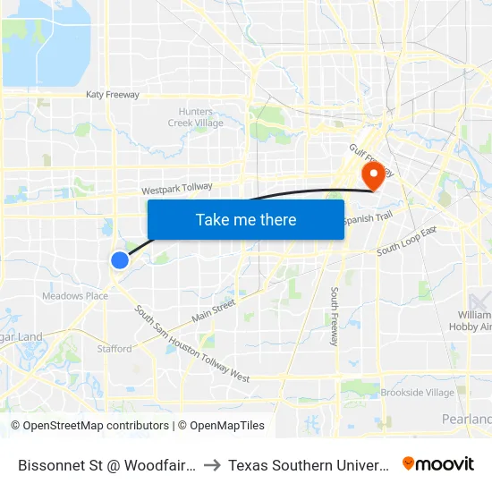 Bissonnet St @ Woodfair Dr to Texas Southern University map