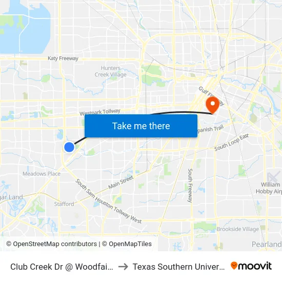 Club Creek Dr @ Woodfair Dr to Texas Southern University map