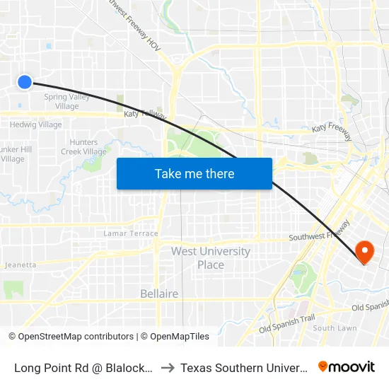 Long Point Rd @ Blalock Rd to Texas Southern University map