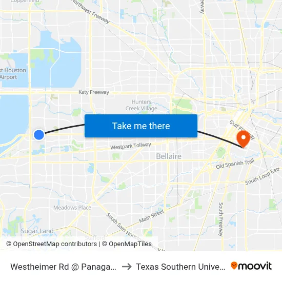 Westheimer Rd @ Panagard Dr to Texas Southern University map