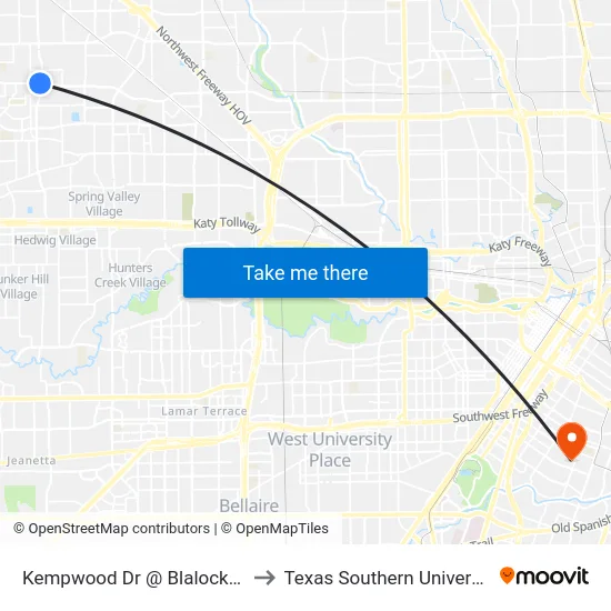 Kempwood Dr @ Blalock Rd to Texas Southern University map