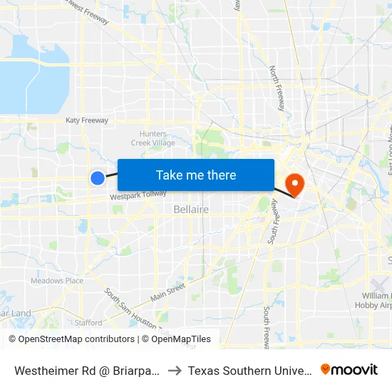 Westheimer Rd @ Briarpark Dr to Texas Southern University map