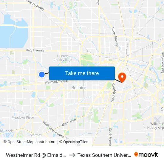 Westheimer Rd @ Elmside Dr to Texas Southern University map