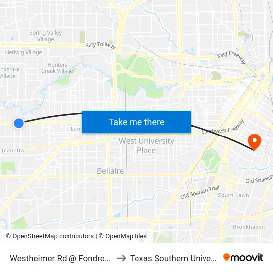 Westheimer Rd @ Fondren Rd to Texas Southern University map