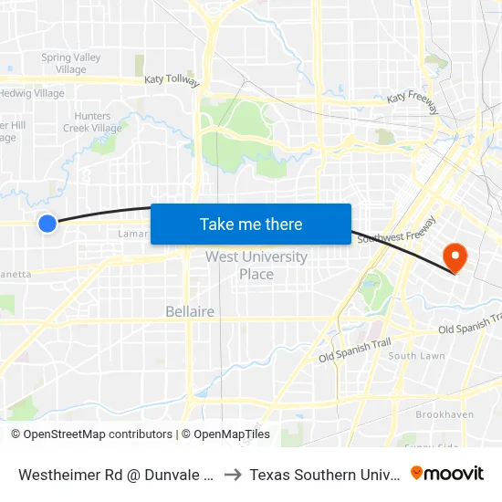 Westheimer Rd @ Dunvale Rd MB to Texas Southern University map