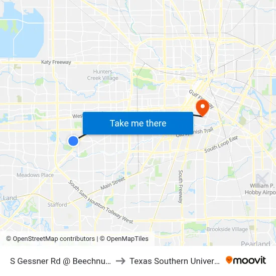 S Gessner Rd @ Beechnut St to Texas Southern University map