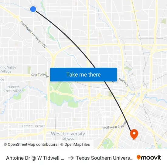 Antoine Dr @ W Tidwell Rd to Texas Southern University map