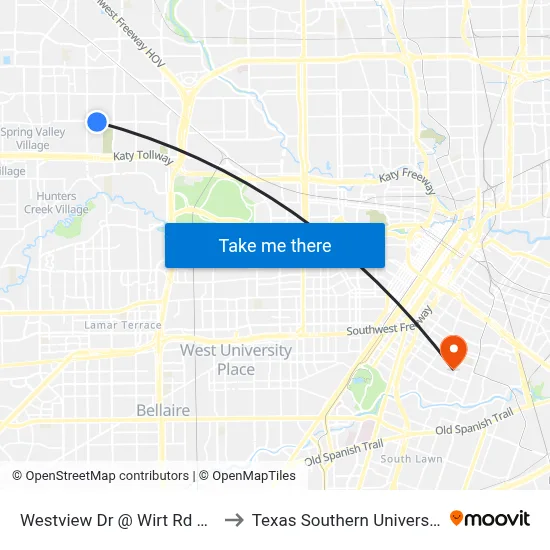 Westview Dr @ Wirt Rd MB to Texas Southern University map
