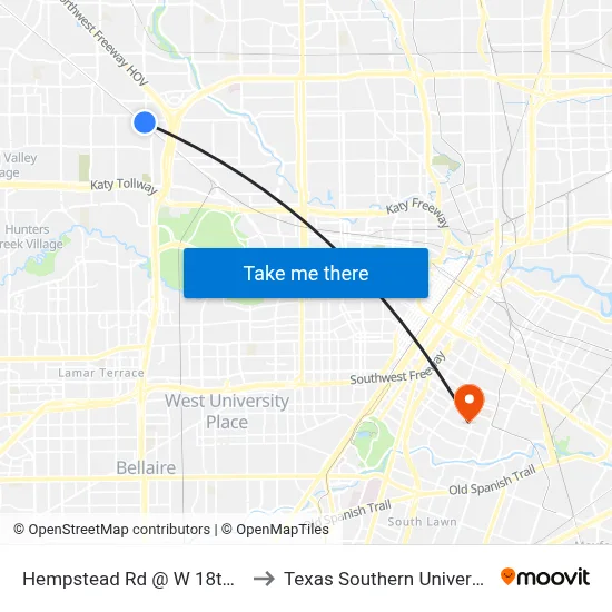 Hempstead Rd @ W 18th St to Texas Southern University map