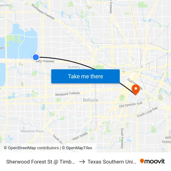 Sherwood Forest St @ Timberline Rd to Texas Southern University map