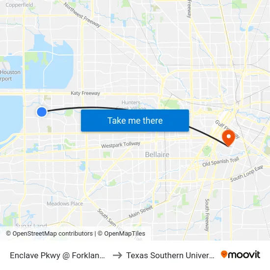 Enclave Pkwy @ Forkland Dr to Texas Southern University map