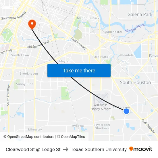 Clearwood St @ Ledge St to Texas Southern University map