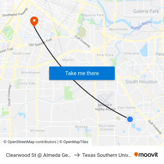 Clearwood St @ Almeda Genoa Rd to Texas Southern University map