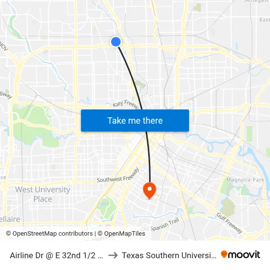 Airline Dr @ E 32nd 1/2 St to Texas Southern University map