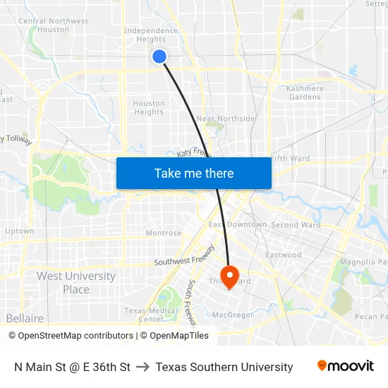 N Main St @ E 36th St to Texas Southern University map