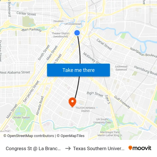 Congress St @ La Branch St to Texas Southern University map