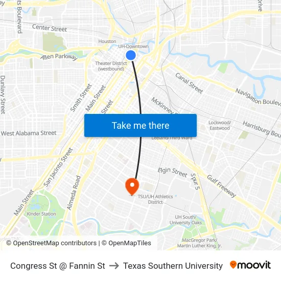 Congress St @ Fannin St to Texas Southern University map