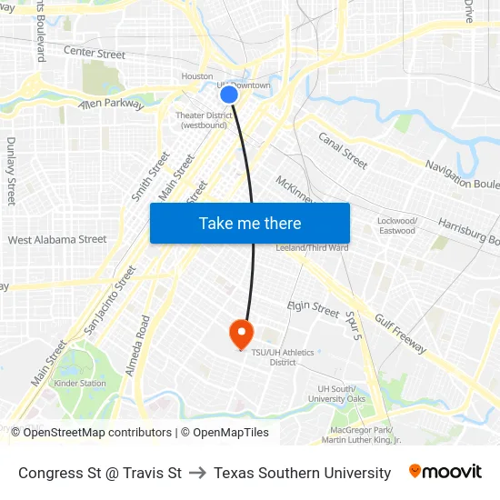 Congress St @ Travis St to Texas Southern University map