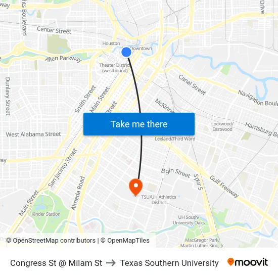 Congress St @ Milam St to Texas Southern University map