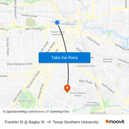 Franklin St @ Bagby St to Texas Southern University map