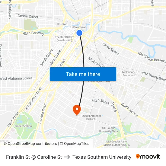 Franklin St @ Caroline St to Texas Southern University map
