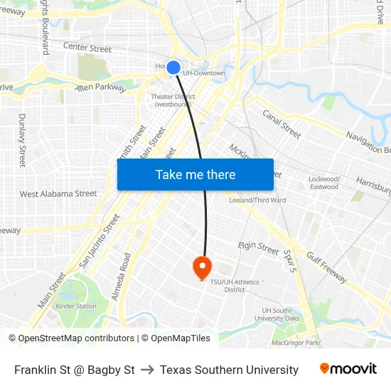 Franklin St @ Bagby St to Texas Southern University map