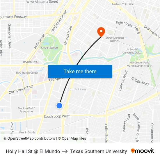 Holly Hall St @ El Mundo to Texas Southern University map