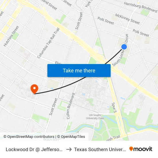 Lockwood Dr @ Jefferson St to Texas Southern University map