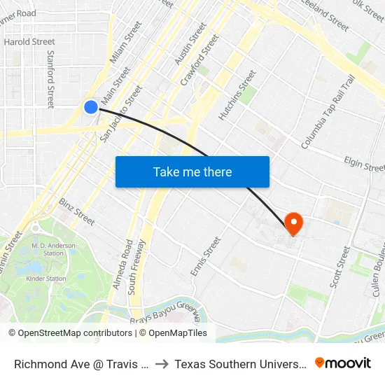 Richmond Ave @ Travis St to Texas Southern University map
