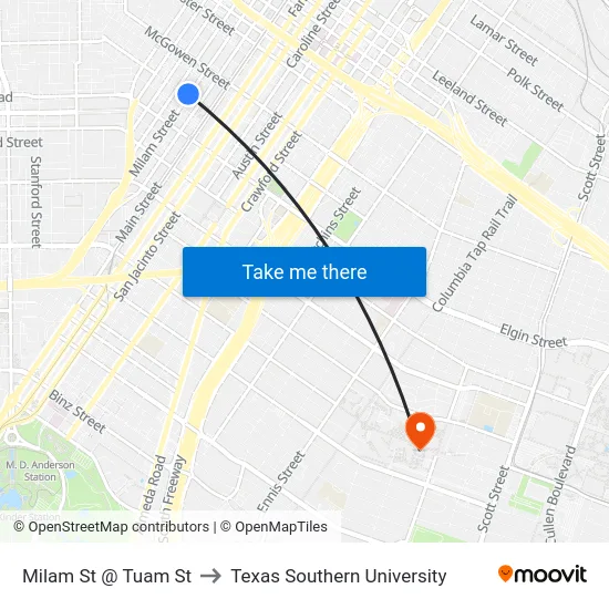 Milam St @ Tuam St to Texas Southern University map