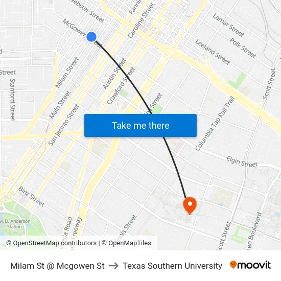 Milam St @ Mcgowen St to Texas Southern University map