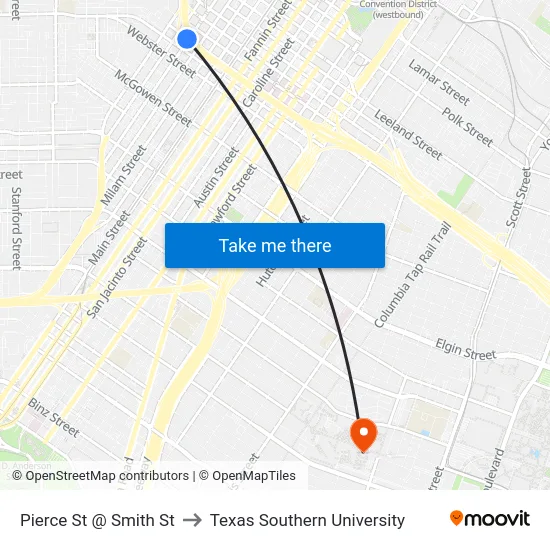 Pierce St @ Smith St to Texas Southern University map