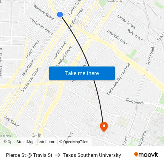 Pierce St @ Travis St to Texas Southern University map