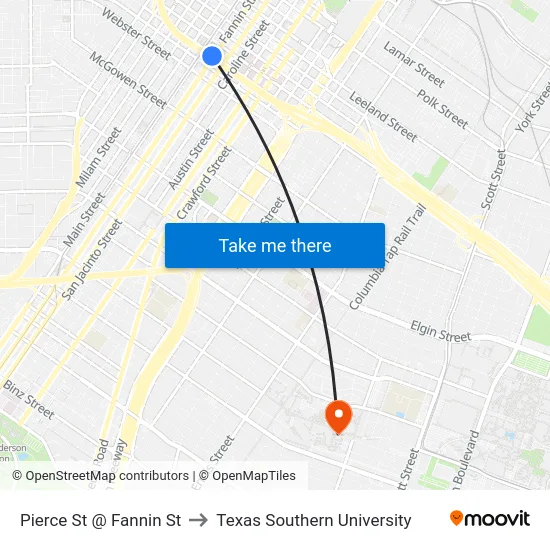 Pierce St @ Fannin St to Texas Southern University map