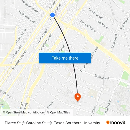 Pierce St @ Caroline St to Texas Southern University map