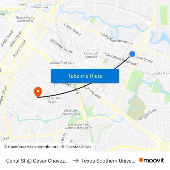 Canal St @ Cesar Chavez Blvd to Texas Southern University map