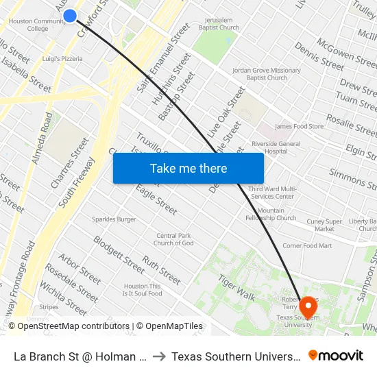 La Branch St @ Holman St to Texas Southern University map
