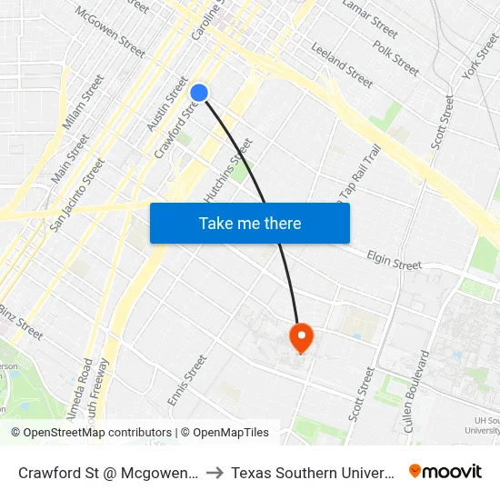 Crawford St @ Mcgowen St to Texas Southern University map