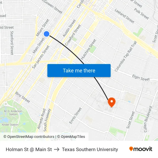 Holman St @ Main St to Texas Southern University map