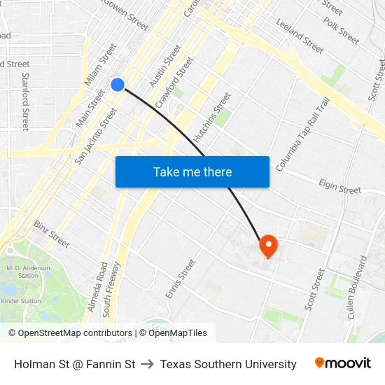 Holman St @ Fannin St to Texas Southern University map