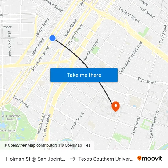 Holman St @ San Jacinto St to Texas Southern University map