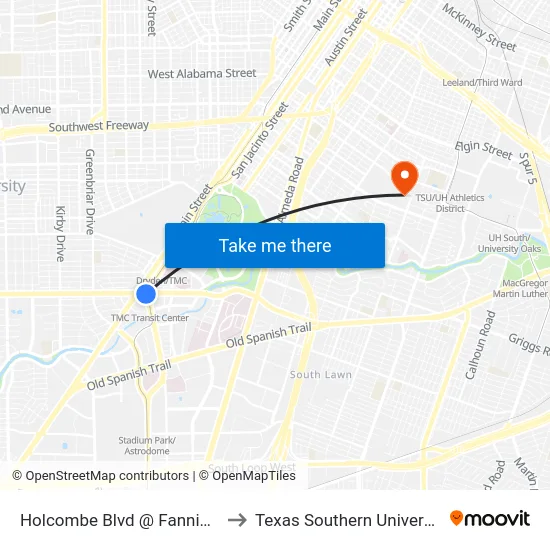 Holcombe Blvd @ Fannin St to Texas Southern University map