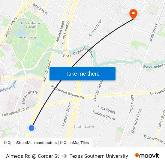 Almeda Rd @ Corder St to Texas Southern University map
