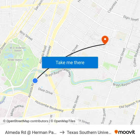 Almeda Rd @ Herman Park Ct to Texas Southern University map