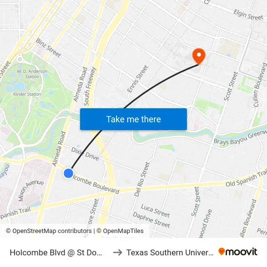 Holcombe Blvd @ St Dominic to Texas Southern University map