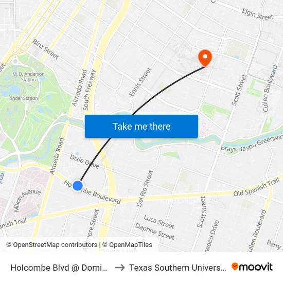 Holcombe Blvd @ Dominic to Texas Southern University map