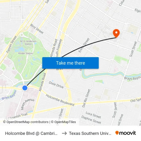 Holcombe Blvd @ Cambridge St to Texas Southern University map