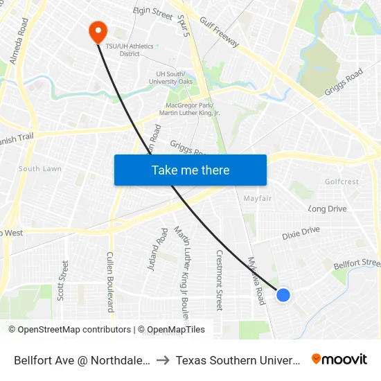 Bellfort Ave @ Northdale St to Texas Southern University map