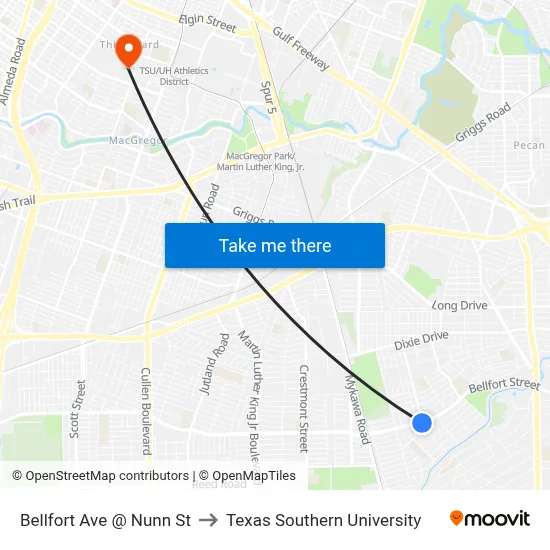 Bellfort Ave @ Nunn St to Texas Southern University map