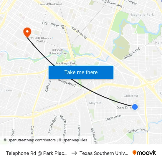 Telephone Rd @ Park Place Blvd to Texas Southern University map